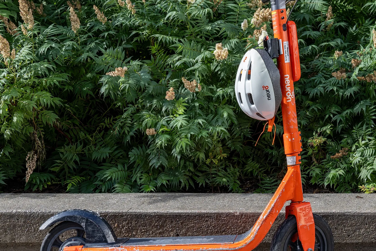 An electric kick scooter with a white helmet clipped to its stem.